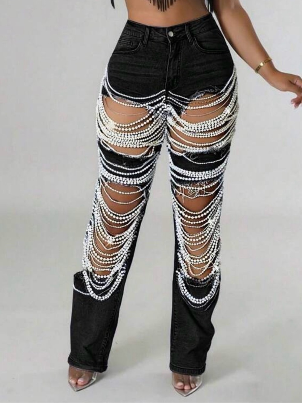 Black Distressed Jeans with Pearl Chain Detailing - Women